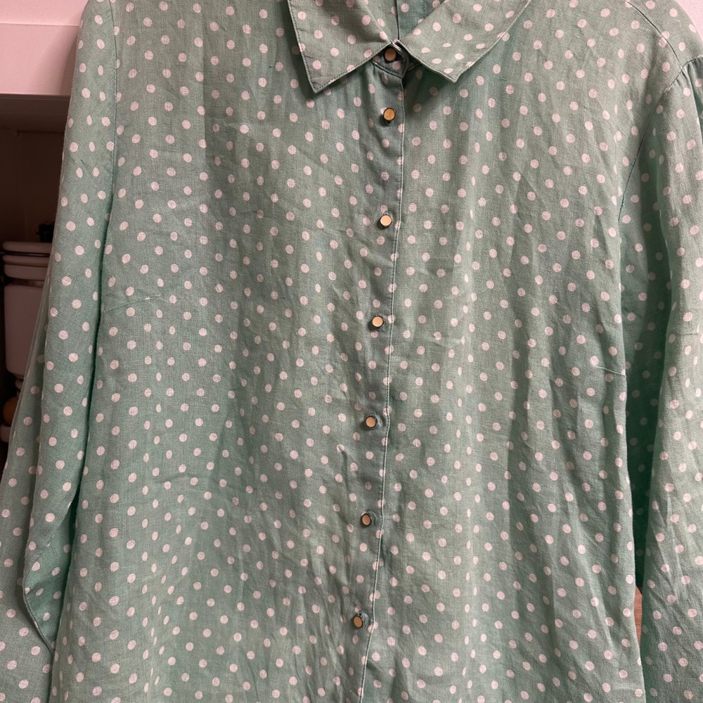 Soft Surroundings Button Down Womens XL Mint Green Polka Dot Linen Shirt Coastal - Picture 5 of 9
